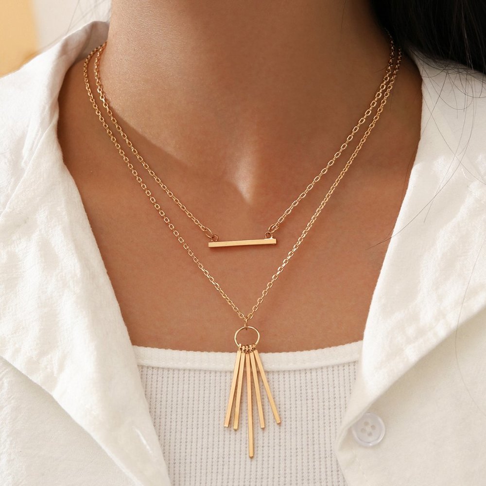 ✨Layered Gold Bar & Tassel Boho Necklace New